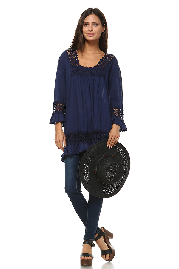100% Cotton Lace Tunic Top - Navy